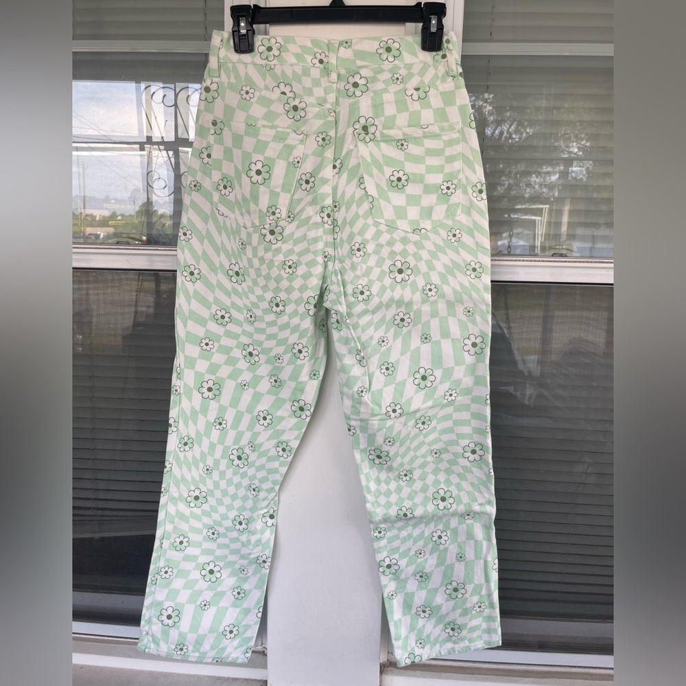 PacSun Women's Eco Green Checkerboard Flower High Waisted Straight Leg Jeans - Picture 3 of 7
